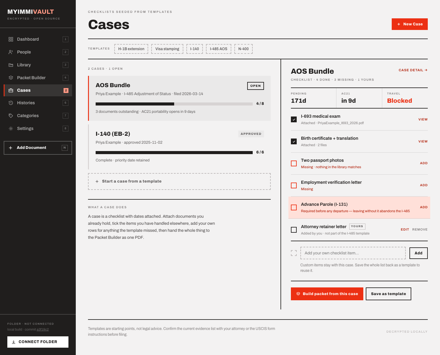 A case checklist for an I-485 filing with attached, missing and user-added items