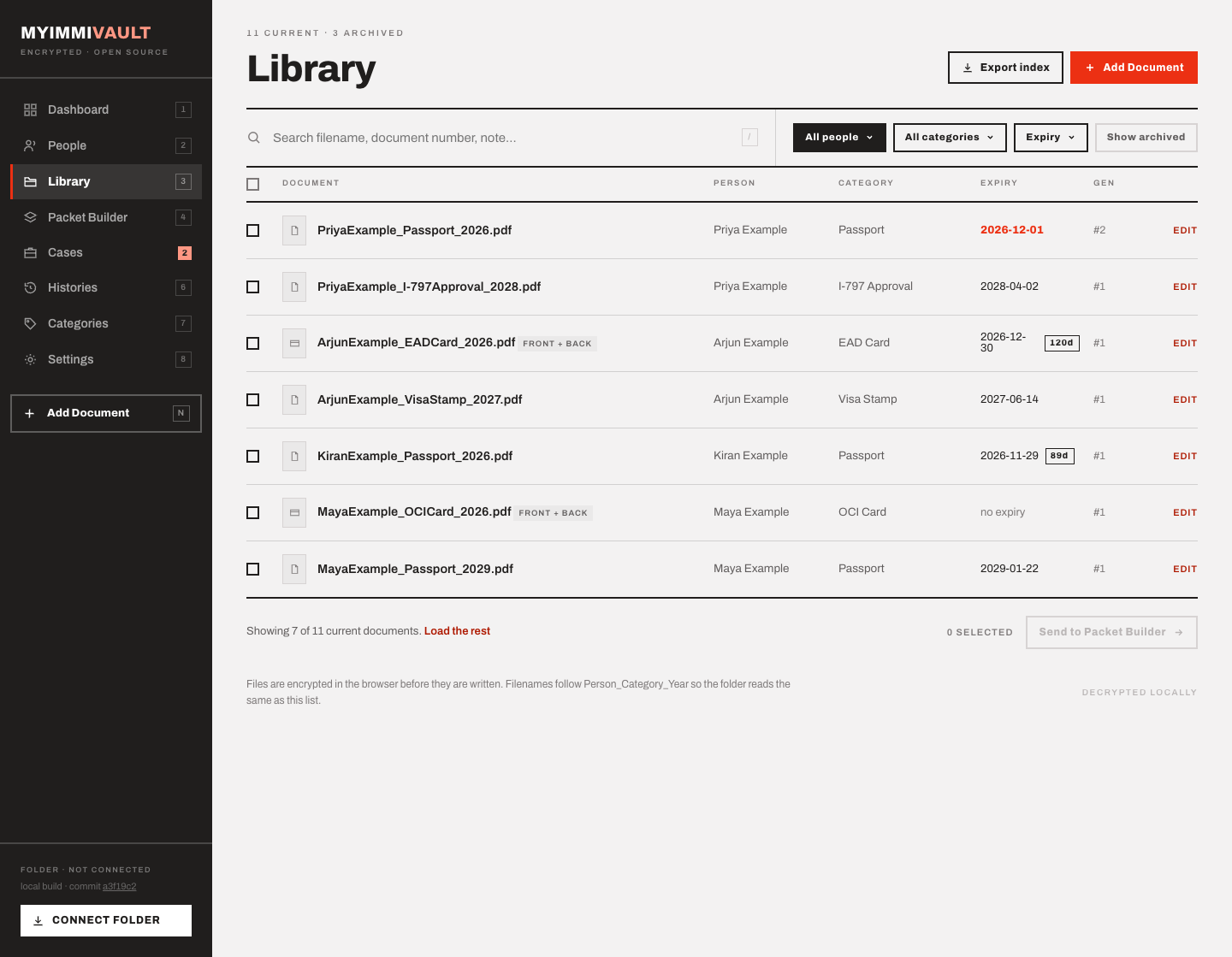 The library screen listing every document with expiry dates and generations