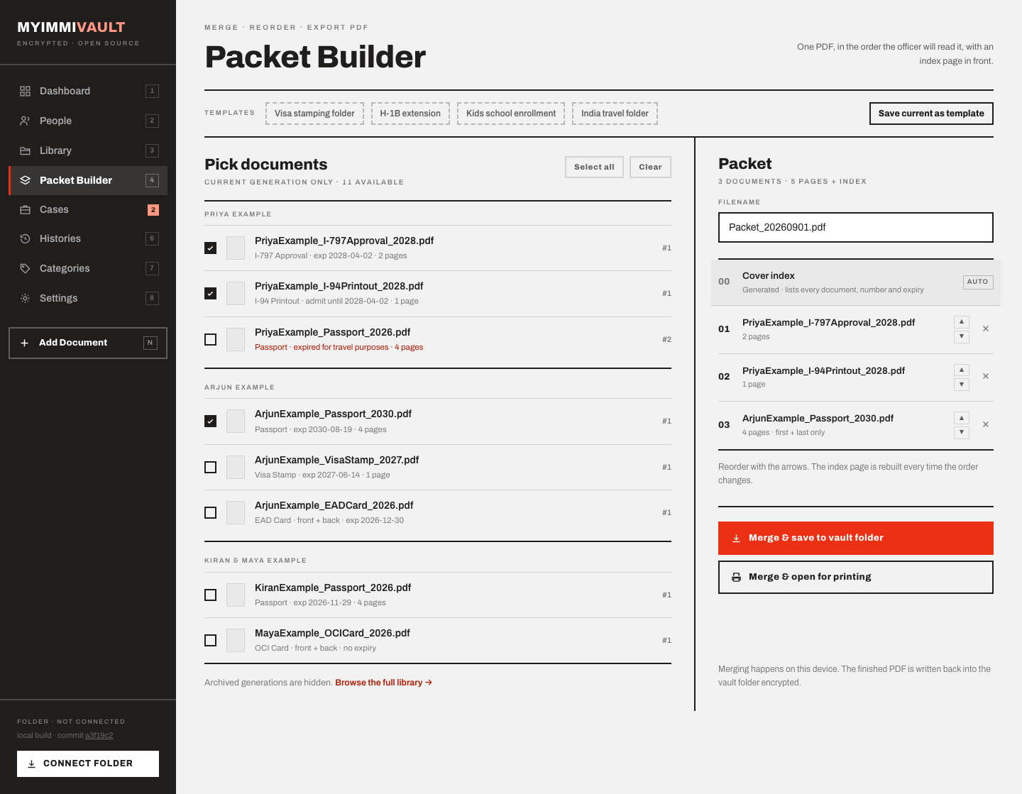 The packet builder with documents selected on the left and the ordered packet on the right